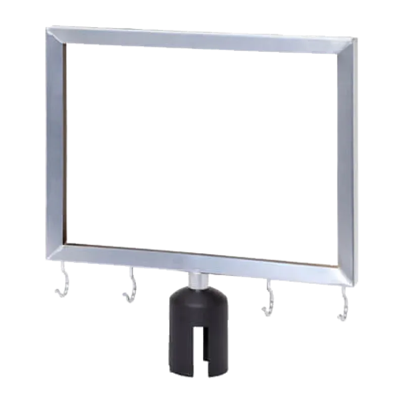 Chrome frame with a row of hooks, mounted on a post bracket to hold umbrella bags.