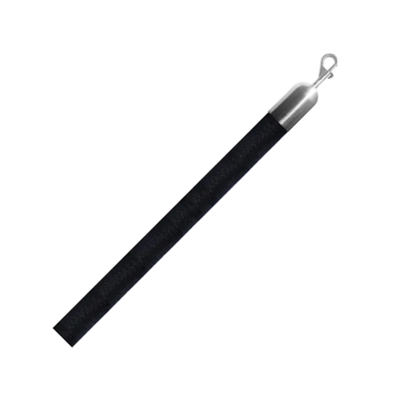 Black velvet rope set on a diagonal, with a polished chrome end fitting and snap hook.