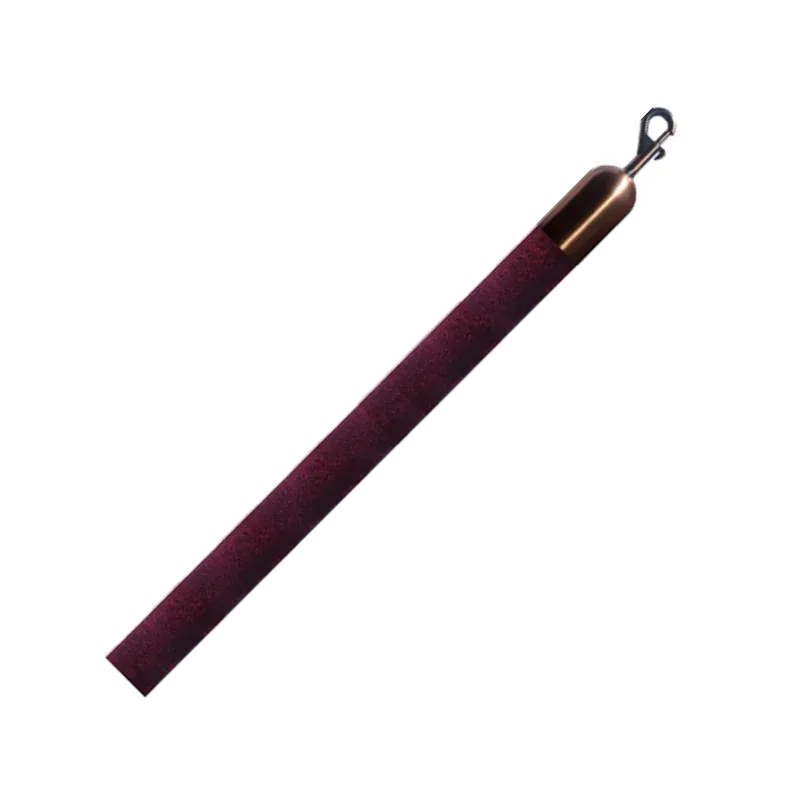 Burgundy velvet rope set on a diagonal, with a bronze end fitting and snap hook.