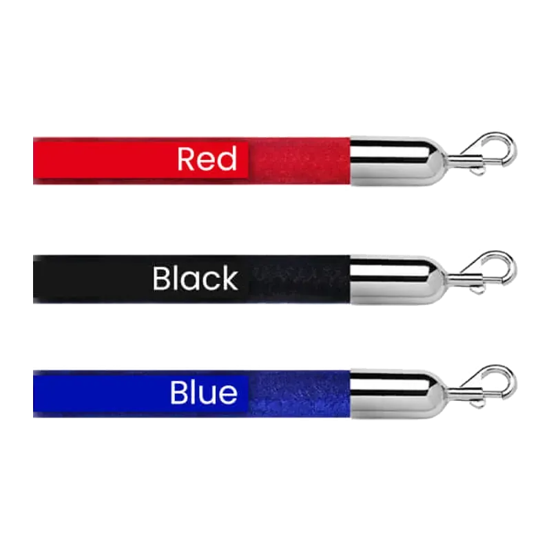 Three economy velvet ropes labelled red, black and blue, each finished with a chrome end and snap hook.