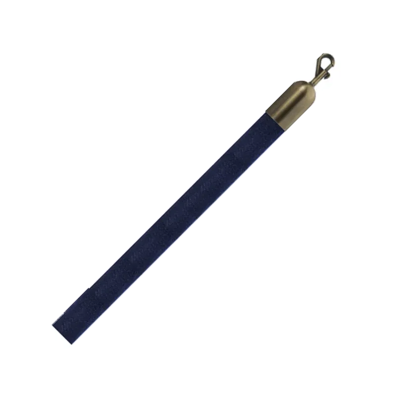 Navy velvet rope set on a diagonal, with an antique bronze end fitting and snap hook.