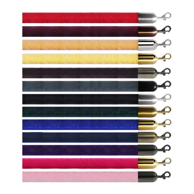 The velvet rope range laid out one colour per row — thirteen ropes from red through to pink, each with its own end fitting.