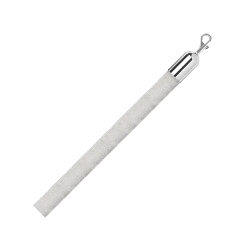 White velvet rope set on a diagonal, the pile catching the light, with a chrome end fitting.