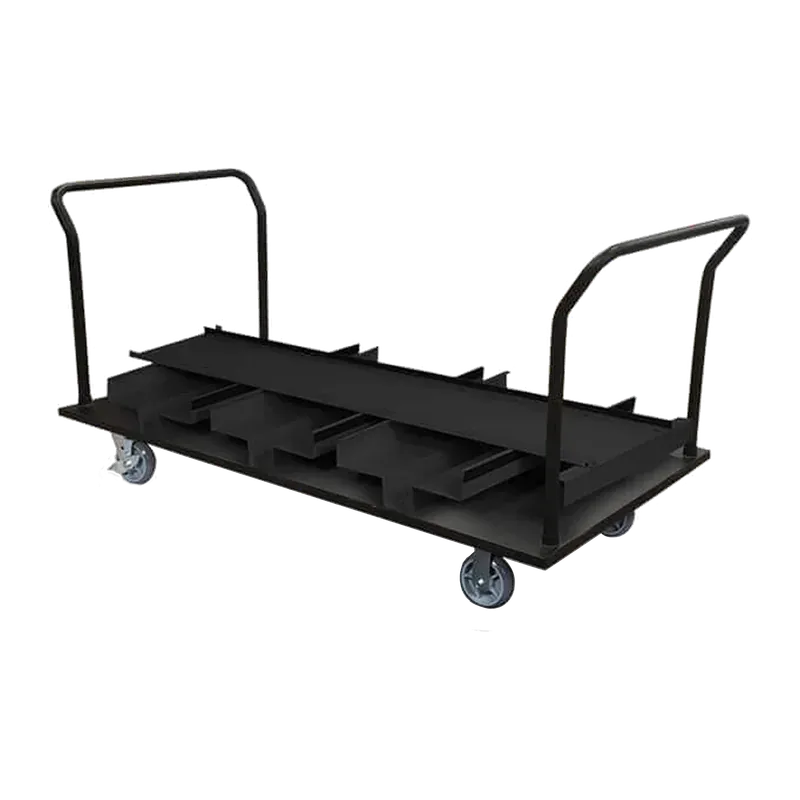Flat platform trolley with push handles and slotted rails along the deck for laying posts down.