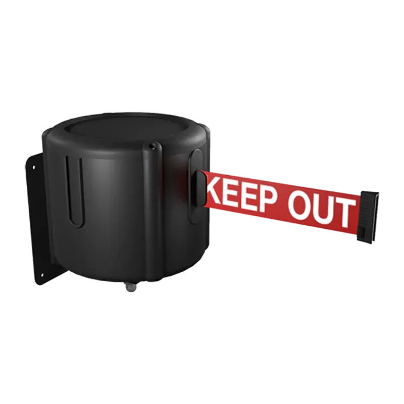 Black wall cassette with a red belt pulled out, printed KEEP OUT in white along its length.
