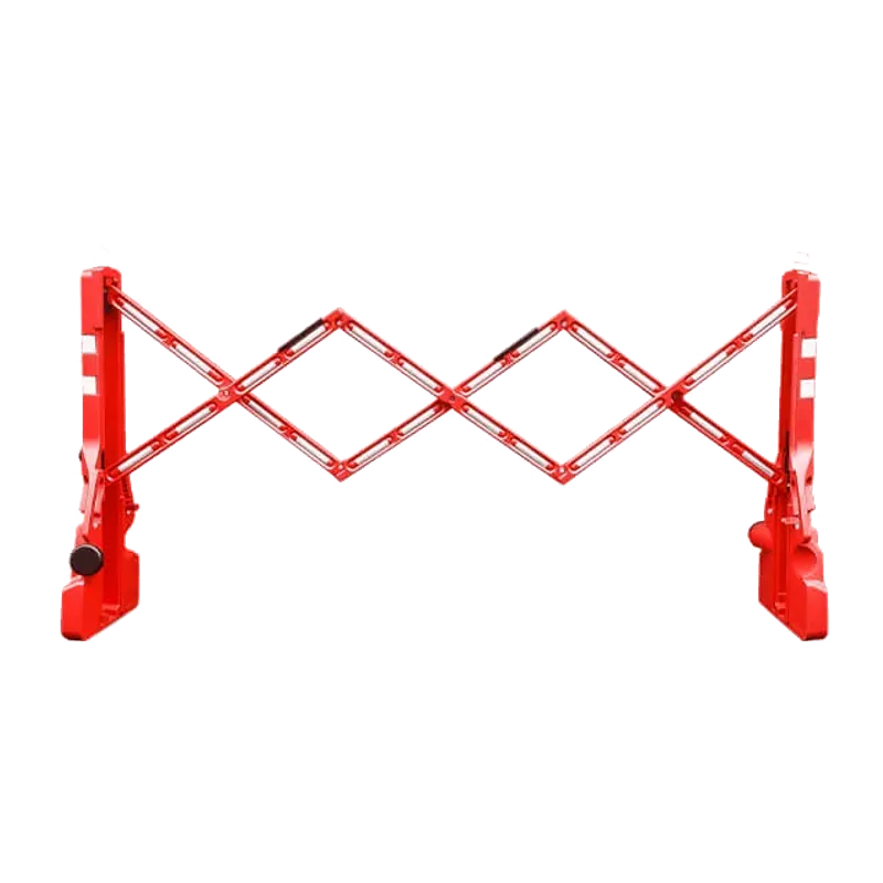 Red expanding scissor barrier with hollow uprights that fill with water for weight.